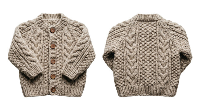 Front and back view of a cozy grey cable knit wool cardigan sweater with colorful buttons for children isolated on transparent background