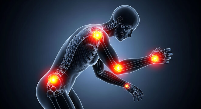 Human skeleton showing joint pain inflammation in body points illustration
