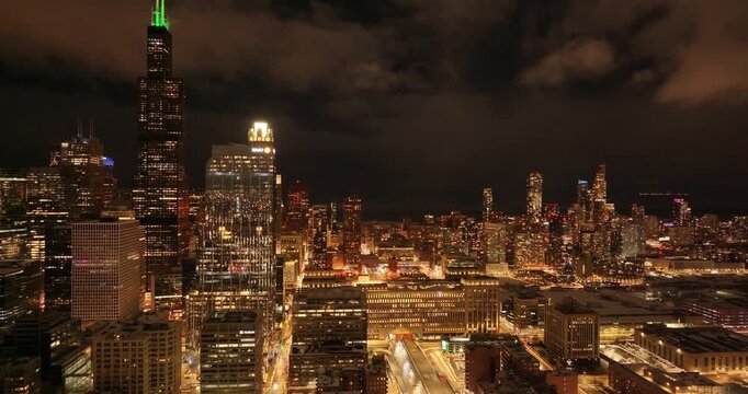 Aerial Night View Chicago Downtown Skyline Willis Tower Illuminated City Lights Illinois