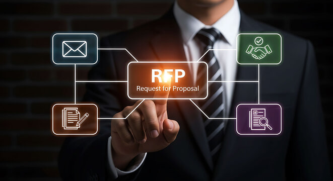 Business professional touching RFP Request for Proposal virtual interface screen