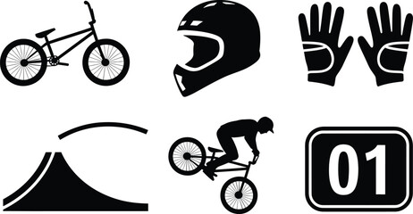 Fototapeta premium Bicycle and 5 icons for extreme sports featuring a helmet, gloves, ramp, and rider graphic