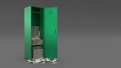 Green locker overflowing with stacks of US dollar bills, symbolizing wealth and financial abundance. © Suryani