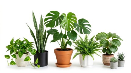 Obraz premium Lush indoor houseplants in ceramic pots, collection of tropical green potted plants, monstera and snake plant home decor on white background