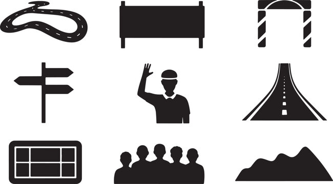Road transport and travel icons 9 pack with signage and people in flat black design
