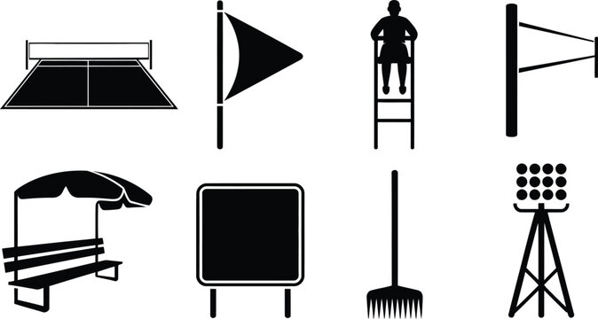 Sporting event icons: court, umpire, flag, lighting, shelter, rake, board with umpire