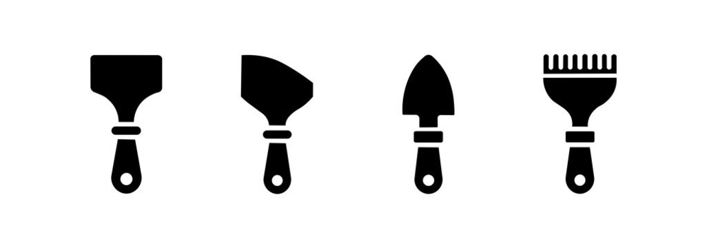 Scraper and filler tool symbols set, silhouette pack in black flat style