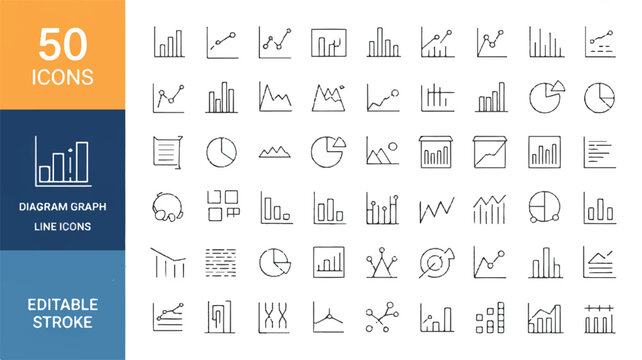 A comprehensive collection of 50 modern line icons depicting various data visualization charts, statistical graphs, and analytical tools for business intelligence and reporting dashboards