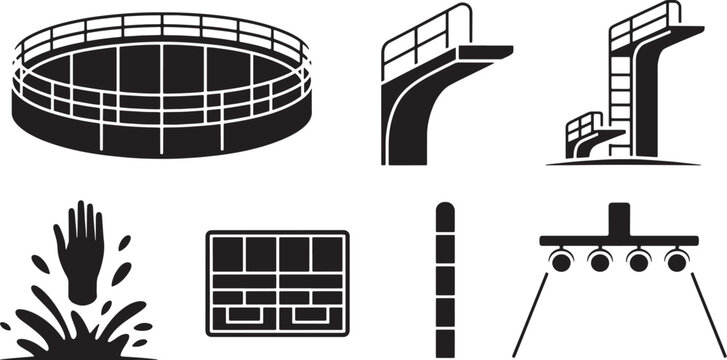Swimming pool equipment 6 icons including diving boards, a splash, and stadium lighting