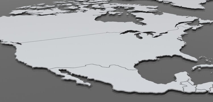 North America 3D map rendering in monochromatic tones for global business concepts.