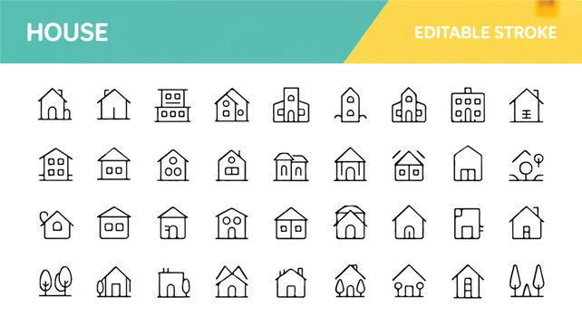 A diverse collection of minimalist line art house icons, featuring various residential building designs with editable vector outlines