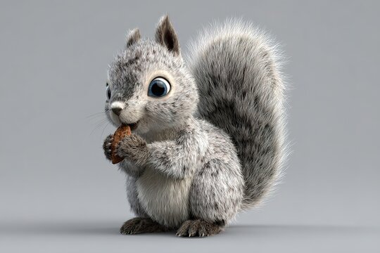 cute cartoon style 3d gray squirrel eating