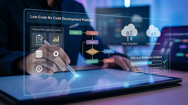 Professional developer utilizing stylus on digital interface for low code no code application building, focusing on cloud integration, workflow automation, and efficient software design.