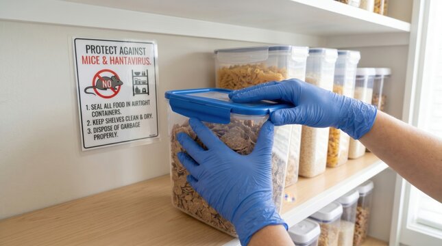 Blue gloved hands seal cereal container on pantry shelf beside mice and hantavirus warning sign, with pasta jars in background, food safety concept