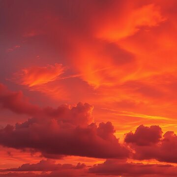 Crimson sky bleeds into a fiery horizon, painting clouds with vibrant hues of orange and gold,  nature,  beauty