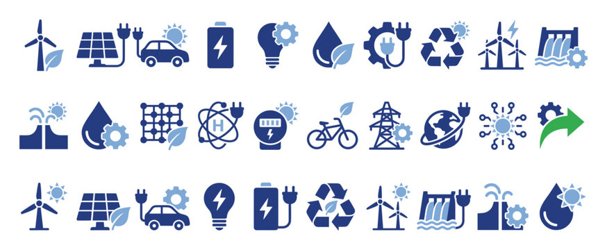 Renewable energy and sustainable technology icons for ecofriendly presentations and green initiatives