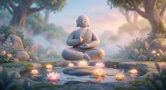 추상적인 둥근 형태와 돌 질감의 캐릭터가 명상하는 평화로운 3D 공간 (3D Serene Meditation with Abstract Stone Character)