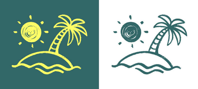 Tropical island with palm tree icon in hand drawn yellow crayon style. Creative urban summer travel doodle for modern streetwear design.