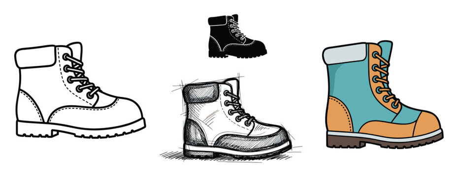 Variety of durable hiking work boot graphics for outdoor adventure and labor industry themed projects