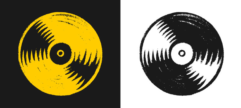 Classic vinyl record disc icon in hand drawn yellow crayon style. Creative urban music and retro lifestyle doodle for streetwear graphic design.