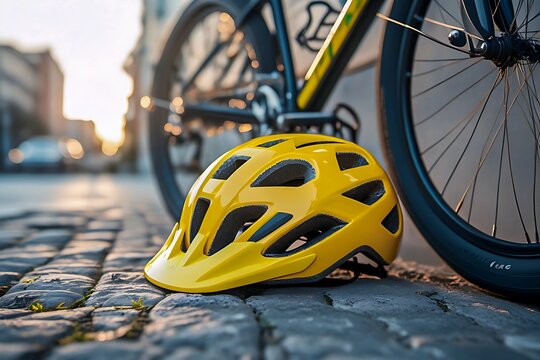 Yellow cycling helmet on urban street pavement with bicycle in background at sunset, focusing on safety gear and lifestyle.