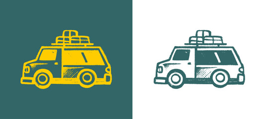 Classic van car icon in hand drawn crayon style with yellow texture. Creative urban road trip doodle for travel themed streetwear design. © dirtyfellas