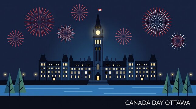 Silhouette of Ottawa Parliament Hill with Canada Day fireworks