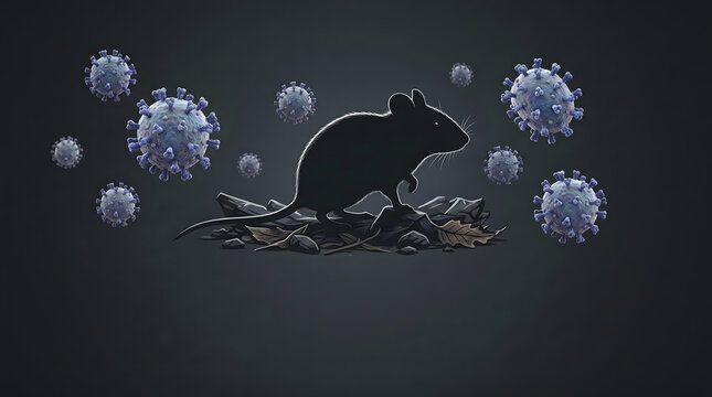 Mouse silhouette surrounded by virus particles, symbolizing zoonotic disease transmission and rodent-borne pathogens