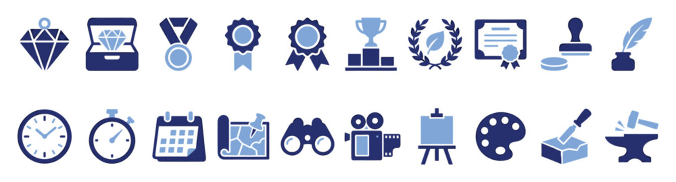 Vibrant blue vector icon collection symbolizing success, time management, adventurous exploration, and skilled craftsmanship for diverse digital applications
