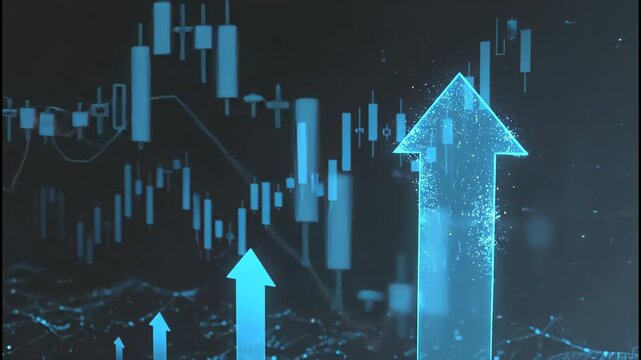 Glowing blue arrows ascend against a dark backdrop of a digital financial graph