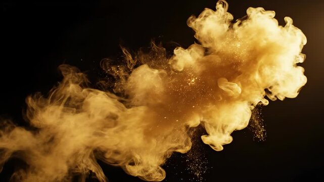 A swirling plume of golden ink disperses against a stark black background, creating a dramatic visual contrast.