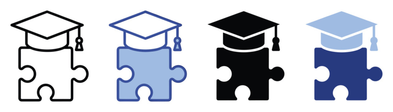 Graduation cap on jigsaw puzzle piece icon for education, learning, and problem solving