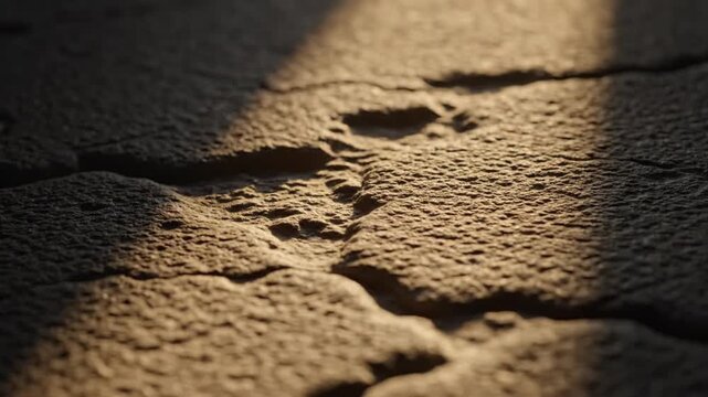 Close-up of dry cracked earth with animal footprints illuminated by dramatic sunlight and shadow