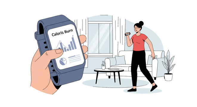 Flat vector illustration of a hand holding a smartwatch displaying calorie burn statistics and charts, while a woman in sports clothing exercises in a modern living room setting.
