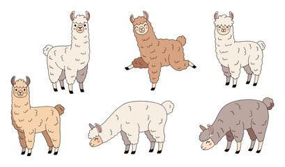 Fototapeta premium Collection of adorable fluffy llamas in different playful poses perfect for cheerful kids projects