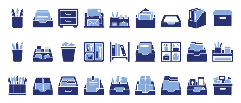 Versatile office organization and storage solutions icon collection for business educational or personal use