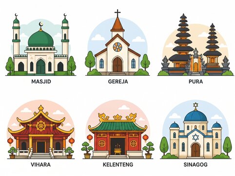 This illustration presents a diverse collection of houses of worship representing various world religions, depicted in a clean, colorful vector art style.