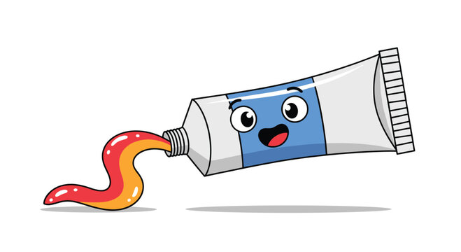 Cheerful blue toothpaste tube character with a happy face is squeezed to release a swirl of red and yellow gel for dental care.