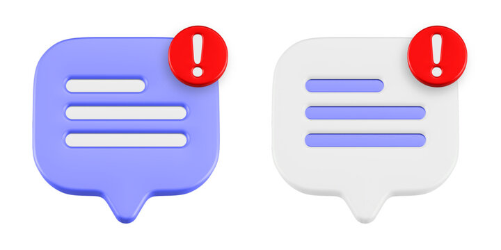 3D-rendered speech bubbles with warning badges