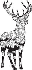 Fototapeta premium Black, deer illustration, mountain landscape, wildlife design, vector graphic