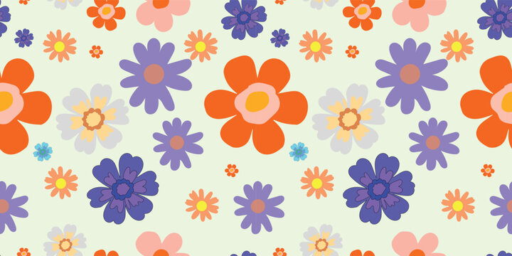 Vibrant abstract flowers seamless pattern background. Colorful pixel art flowers in spring style. Exotic Hand Drawn Floral Seamless Patterns for Textile Design