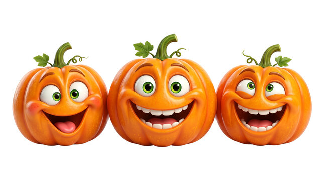 Three cute orange pumpkin characters with funny happy faces for halloween celebration