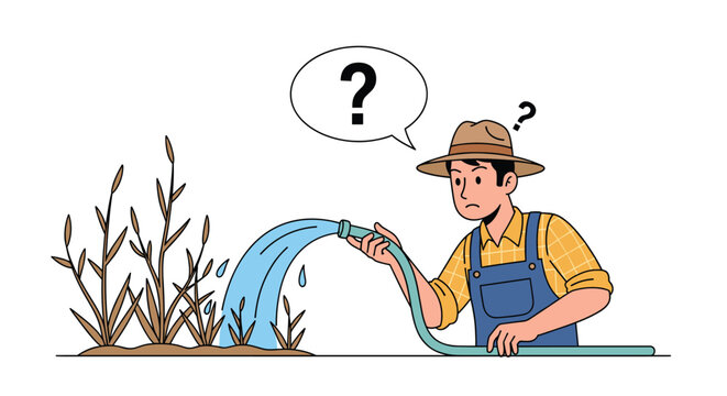 Concerned farmer wearing a straw hat and overalls watering dry and withered crops with a garden hose while a question mark appears above him.