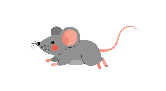 Small gray mouse with pink ears and red cheeks scurries across the frame in a simple and charming animal illustration.