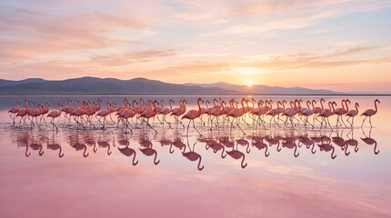 Fototapeta premium Majestic flock of pink flamingos wading in a stunning pink lake at dawn or dusk, reflecting a vibrant sky and distant mountains