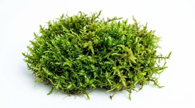 Vibrant green forest moss clump, organic natural moss texture on white background, fresh botanical bryophyte specimen for design