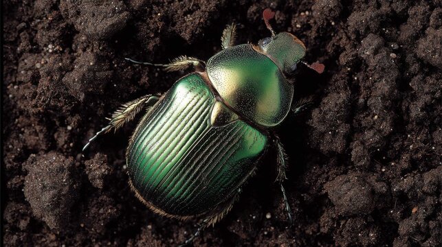 Metallic Green Scarab Beetle Digging in Dark Soil