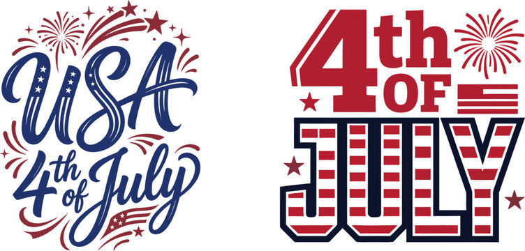 US Independence day celebration emblem with decorative calligraphy and american flag.