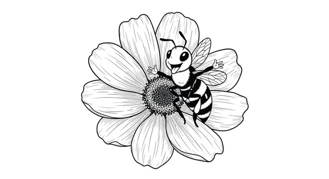 Cheerful cartoon bee with open arms sitting on the center of a large detailed flower in a black and white stippled art style.