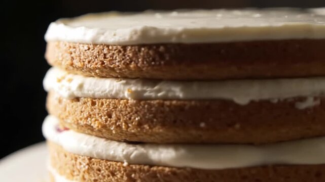 Close-up detail of multi-layered sponge cake stacked with thick white cream cheese frosting between each layer, revealing texture and filling preparation.