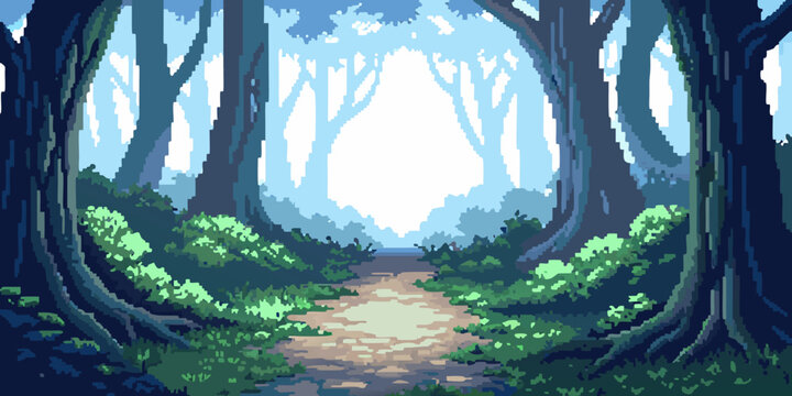 pixel art forest path with trees and foliage